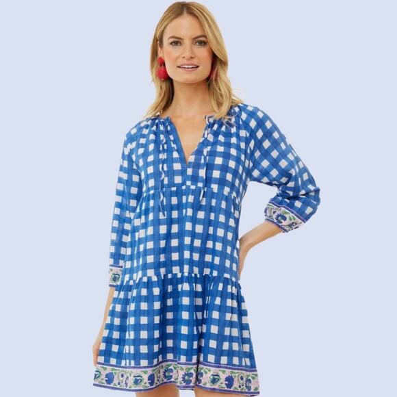SZ Blockprints Priya Dress Size L London Blue Gingham Cotton Casual Tuckernuck - Picture 6 of 14